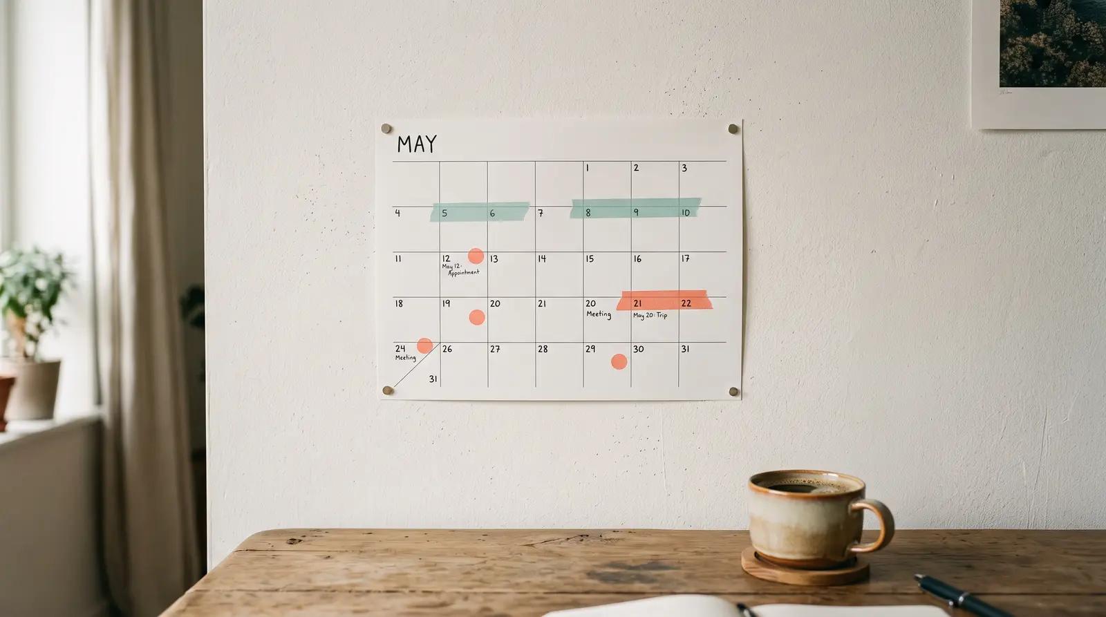 Papieren maandkalender aan de muur met gekleurde markeringen en een kop koffie