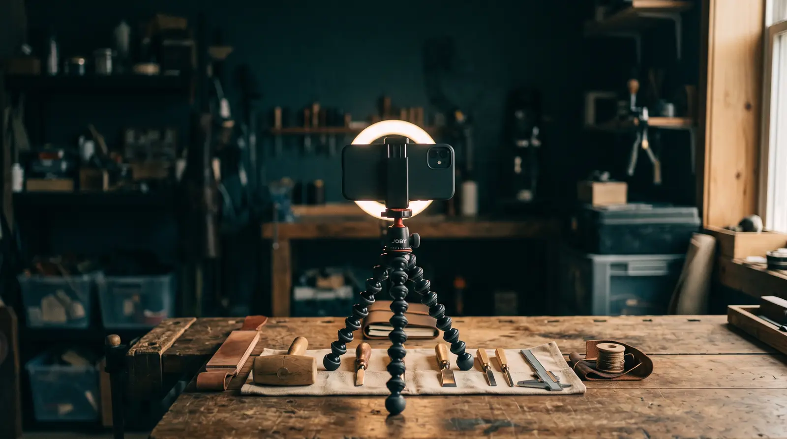 Smartphone op statief met ringlamp gericht op een werkbank