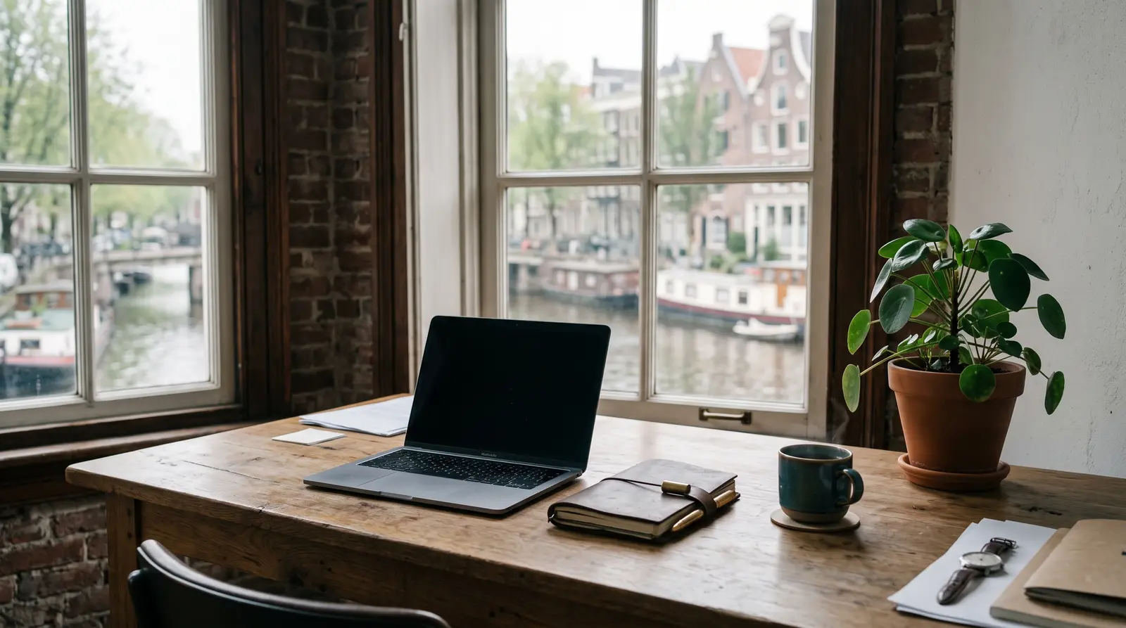 Rustige werkplek bij een raam met laptop, notitieboek en een kop thee