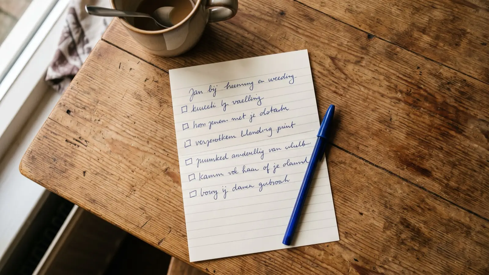 Handgeschreven plan op een vel papier op een keukentafel