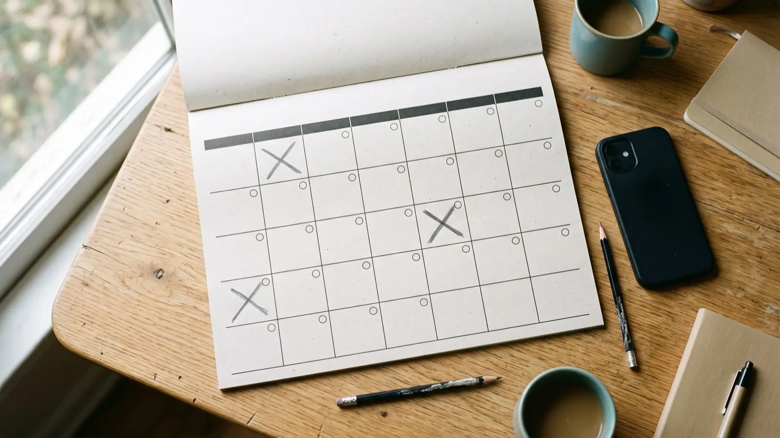 Weekplanning op een papieren kalender met drie dagen aangekruist